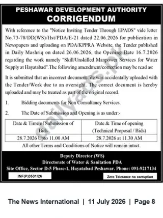 Newspaper clipping: PDA Corrigendum: Tender for Manpower Services for Hayatabad Water Supply, The News International, 11 Jul 2026