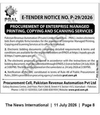 Newspaper clipping: PRAL E-Tender P-29/2026 for Enterprise Managed Printing, Copying & Scanning Services, The News International, 11 Jul 2026