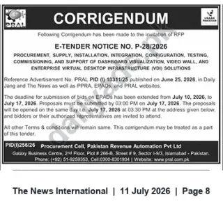 Newspaper clipping: PRAL Corrigendum: E-Tender P-28/2026 Deadline Extended to 17 July 2026, The News International, 11 Jul 2026