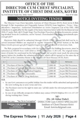 Newspaper clipping: Tender Notice: Supply of Patient Diet, Protective Clothing, Life-Saving Medical Supplies & Consumables – Institute of Chest Diseases, Kotri, The Express Tribune, 11 Jul 2026