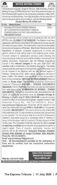 Newspaper clipping: Tender: Rehabilitation & Strengthening of Flood Mitigation Structures, Dadahan Area, District Killa Abdullah, The Express Tribune, 11 Jul 2026