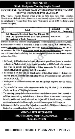 Newspaper clipping: Tender: Procurement/Framework Contracts for Lab Chemicals, Test Kits & Equipment — DHQ Teaching Hospital Narowal (2026-27), The Express Tribune, 11 Jul 2026