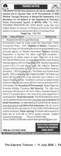 Newspaper clipping: Tender: Wargado Dam Works — Executive Engineer Irrigation Division, Dera Bugti (2026), The Express Tribune, 11 Jul 2026
