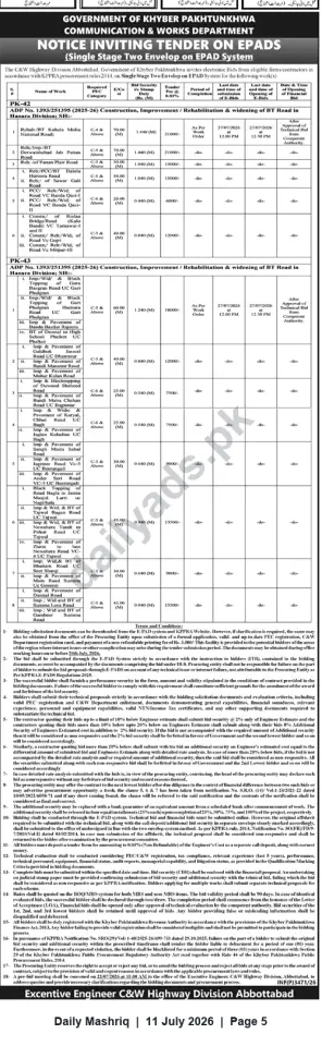 Newspaper clipping: Notice Inviting Tenders — C&W Highway Division Abbottabad (PK-42 & PK-43, Hazara Division), Daily Mashriq, 11 Jul 2026