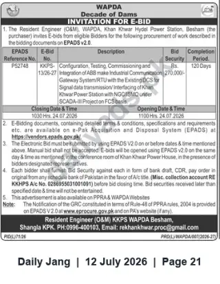 Newspaper clipping: WAPDA KKPS Besham Invitation for E-Bid: SCADA-III RTU/Communication Gateway Integration (EPADS P52748), Jang, 12 Jul 2026
