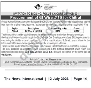 Newspaper clipping: Tender: Supply of GI Wire #10 (SWG) for Chitral – Focus Humanitarian Assistance Pakistan, The News International, 12 Jul 2026