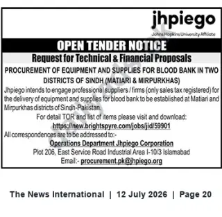 Newspaper clipping: Jhpiego Open Tender: Procurement of Blood Bank Equipment & Supplies — Matiari & Mirpurkhas, Sindh, The News International, 12 Jul 2026