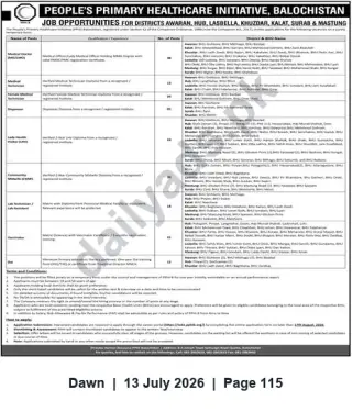 Newspaper clipping: PPHI Balochistan – Multiple Healthcare Vacancies in Awaran, Hub, Lasbela, Khuzdar, Kalat, Surab & Mastung, Dawn, 13 Jul 2026