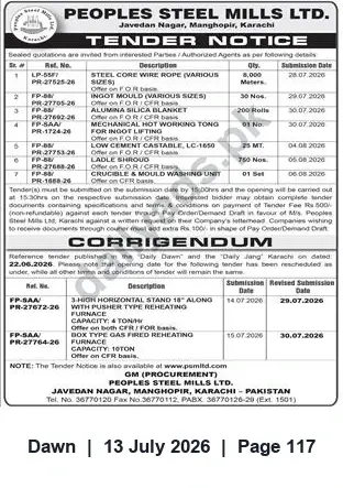 Newspaper clipping: Peoples Steel Mills Ltd. Tender Notice for Supply of Industrial Materials & Equipment, Dawn, 13 Jul 2026