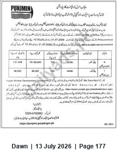 Newspaper clipping: Corporation Notice mentioning Khushab–Mianwali road (Ref PL-71), Dawn, 13 Jul 2026
