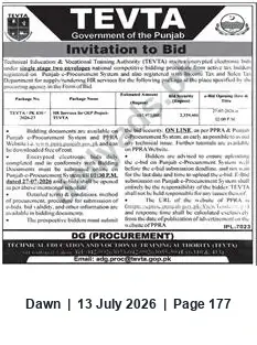 Newspaper clipping: TEVTA Invitation to Bid — Online Submission (Procurement), Dawn, 13 Jul 2026
