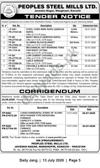 Newspaper clipping: Peoples Steel Mills Ltd. Tender Notice for Supply of Equipment & Materials — Karachi, Jang, 13 Jul 2026