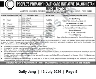 Newspaper clipping: PPHI-Balochistan Tender: Civil Works for Basic Health Units (Phase V, 2026), Jang, 13 Jul 2026