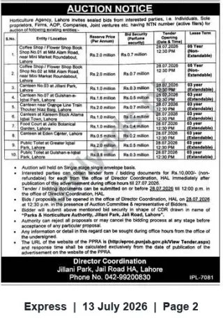 Newspaper clipping: Auction: Lease of Coffee Shops, Canteens and Public Toilets in Lahore Parks, Express, 13 Jul 2026
