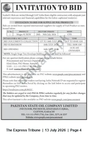 Newspaper clipping: Pakistan State Oil Tender: Supply of Mogas 92 RON (Delivery 28–30 July 2026), The Express Tribune, 13 Jul 2026
