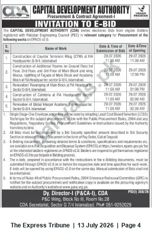 Newspaper clipping: CDA Invitation to E-Bid: Construction and Renovation Works at FIA Headquarters, Islamabad (Bid Deadline 29 July 2026), The Express Tribune, 13 Jul 2026
