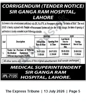 Newspaper clipping: Corrigendum: Sir Ganga Ram Hospital Tender for Bio-Medical Equipment – e-Procurement Update, The Express Tribune, 13 Jul 2026