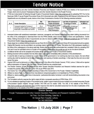 Newspaper clipping: Tender: Framework Contract for Hematology Reagents (Reagent-Rental) — PTGD Lahore, The Nation, 13 Jul 2026