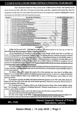 Newspaper clipping: Police Department (Operations Wing, Lahore) E-Tender Notice — Framework Contracts FY 2026-2027 (Closes 2026-07-28), Nawa-i-Waqt, 13 Jul 2026