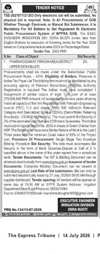 Newspaper clipping: Tender for Irrigation Works 2026 — Executive Engineer, Irrigation Division Dera Bugti, The Express Tribune, 14 Jul 2026