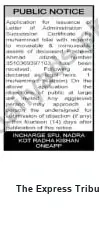 Newspaper clipping: Public Notice — Application for Person 35100037103 at NADRA SFU Kot Radha Khan, The Express Tribune, 14 Jul 2026