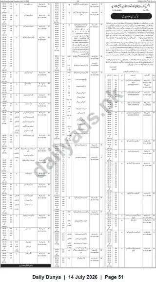 Newspaper clipping: Public Notice — Record of Rights (Land Parcels) — District Shikarpur, Dunya, 14 Jul 2026