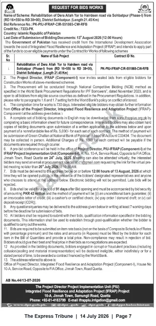 Newspaper clipping: IFRAP Request for Bids — Rehabilitation of Dera Allah Yar to Hairdeen Road via Sohbatpur (Phase-I) — Contract PK-PIU-IFRAP-CIR-551865-CW-RFB, The Express Tribune, 14 Jul 2026