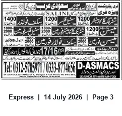 Newspaper clipping: Visa-Free Jobs in Saudi Arabia — SALINI Hiring Construction Trades, Express, 14 Jul 2026