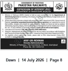 Newspaper clipping: Pakistan Railways EOI for Appointment of Advertising Agencies, Dawn, 14 Jul 2026