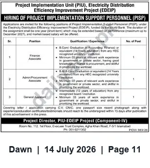 Newspaper clipping: PIU-EDEIP (World Bank) Hiring: Finance, Admin-Procurement & General Assistant — Islamabad, Dawn, 14 Jul 2026