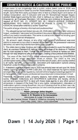 Newspaper clipping: Counter Notice and Public Caution: Plot No. 2, Street No. 27, Beach Avenue Corner, Dawn, 14 Jul 2026