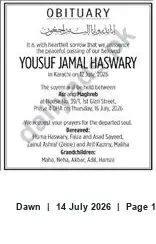 Newspaper clipping: Obituary: Yousuf Jamal Haswary — Funeral Prayers Announced, Dawn, 14 Jul 2026