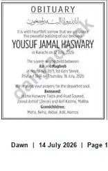 Newspaper clipping: Obituary — Yousuf Jamal Haswary (d. 12 July 2015) — Karachi, Dawn, 14 Jul 2026