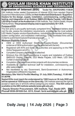 Newspaper clipping: EOI: Outdoor LED Media Façade for GIK Institute Auditorium (Tender No. GIKIPD/ORIC-1138/26), Jang, 14 Jul 2026