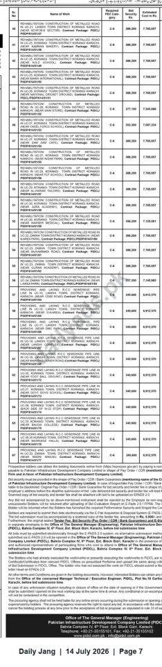 Newspaper clipping: PIDC Tender Notice — Rehabilitation of Roads & RCC Sewerage Pipeline Works in Korangi, Karachi (Multiple Packages), Jang, 14 Jul 2026