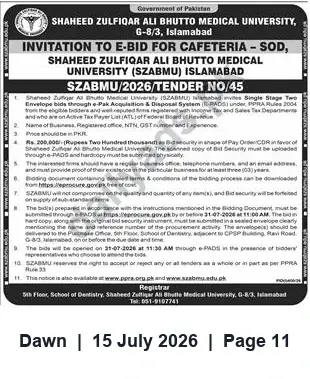 Newspaper clipping: SZABMU Tender SZABMU/2026/TENDER NO/45 — E-Bid for School of Dentistry Cafeteria (Islamabad), Dawn, 15 Jul 2026