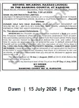 Newspaper clipping: Banking Court Notice — Before Mr. Abdul Razzao (Judge), Karachi, Dawn, 15 Jul 2026