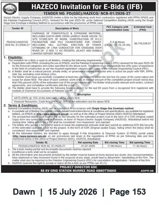 Newspaper clipping: HAZECO Tender PD(GSC)/HAZECO/NCB-01/2026-27 – Carriage of Tower Poles & Stringing Works, Dawn, 15 Jul 2026