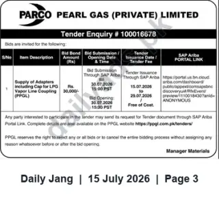 Newspaper clipping: PARCO Pearl Gas Tender: Supply of LPG Vapor Line Adapters (PPGL) — Bid Bond Rs.30,000, Jang, 15 Jul 2026