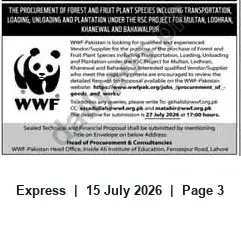 Newspaper clipping: WWF Tender: Procurement of Forest and Fruit Plant Species for RSE Project — Multan, Lodhran, Khanewal, Bahawalpur, Express, 15 Jul 2026