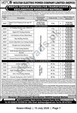 Newspaper clipping: MEPCO Tender Notice — Transformer Reclamation Workshop Materials (Multan), Nawa-i-Waqt, 15 Jul 2026