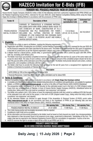 Newspaper clipping: HAZECO Invitation for E-Bids PD(GSC)/HAZECO/NCB-01/2026-27 for Tower/Poles Carriage, Stringing & RCC Foundations, Jang, 15 Jul 2026