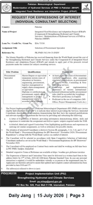 Newspaper clipping: Pakistan Meteorological Department (IFRAP) Seeks Procurement Specialist – Expression of Interest, Jang, 15 Jul 2026
