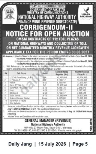 Newspaper clipping: NHA Corrigendum-II: Open Auction for O&M Contracts of 11 Toll Plazas — Auction July 17, 2026, Jang, 15 Jul 2026