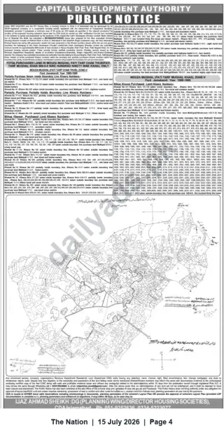 Newspaper clipping: CDA Public Notice — Land Parcels, Boundaries and Purchases in Islamabad (Map Attached), The Nation, 15 Jul 2026