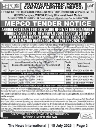 Newspaper clipping: MEPCO Tender Notice: Annual Contract for Recycling HT/LT Mixed Damaged Winding Scrap (FY 2026-27), The News International, 15 Jul 2026