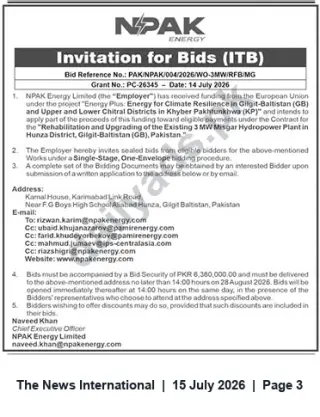 Newspaper clipping: Invitation for Bids: Rehabilitation & Upgrading of 3 MW Misgar Hydropower Plant, Hunza, The News International, 15 Jul 2026
