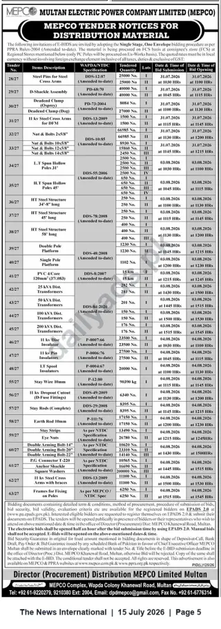Newspaper clipping: MEPCO Tender Notice — Distribution Material (Lots 28/27 to 63/27), The News International, 15 Jul 2026