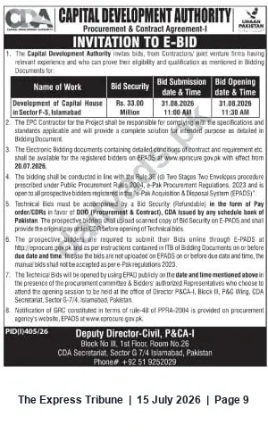 Newspaper clipping: CDA Invitation to E-Bid: Development of Capital House, Sector F-5, Islamabad, The Express Tribune, 15 Jul 2026