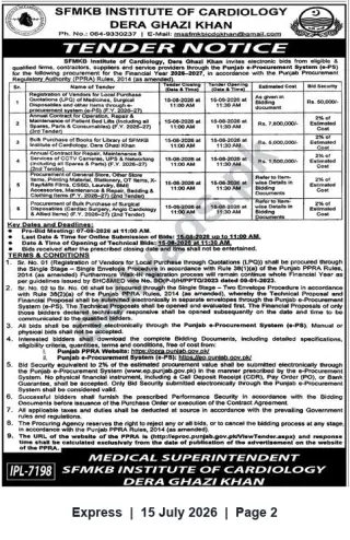 Newspaper clipping: Tender Notice – SFMKB Institute of Cardiology, Dera Ghazi Khan (FY 2026-27), Express, 15 Jul 2026